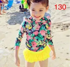 【130cm】イエロー 花柄フリルラッシュガードセット 3点《新品未使用》