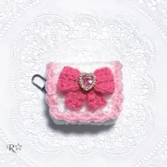 【194】リボン♡ミニポーチ ピンク AirPodsケース 編み物 ポーチ