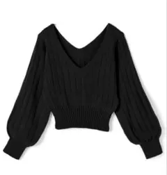 GRL Vネックボリュームスリーブショートニットトップス[ze421] 黒