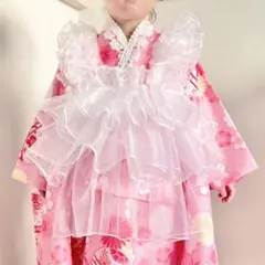 チュール被布　七五三　3歳　着物　白フリルオーガンジー　女の子　七五三