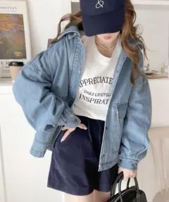 Java コラボ 襟ベルト付き オーバーサイズ デニム ジャケット ブルゾン