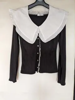 【付け襟付き】白レースＶネックカーディガン 黒