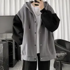 ボタン付きフリースパーカー グレー/ブラック