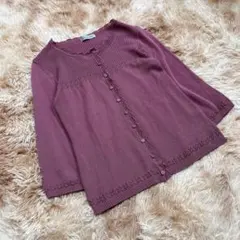 ドネモア (M相当） ニットカーディガン レース編み 七分袖 パープル 日本製