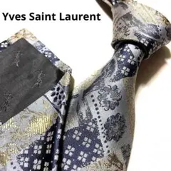 イブサンローラン ジャガード 水色 ゴールド 総柄 光沢 絹 日本製 ネクタイ