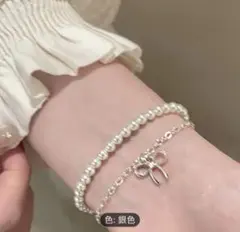パールリボンブレスレット 銀色 16+5cm