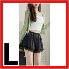 レース ペチパンツ (L) 黒 見せパン ペチコート ツルツル サテン