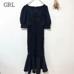 グレイル　ワンピース　Ｌ　黒　花柄レース　マーメード　パフスリーブ　ドレス