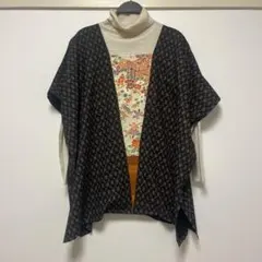 F古着着物リメイク　ゆったり被り物チュニック前後着2way黒色・オレンジ色柄物