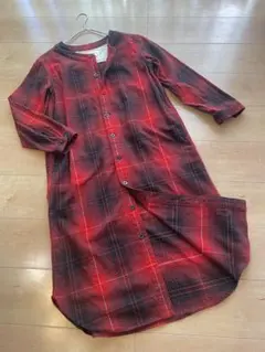 【BEAMS BOY】チェック柄 ロングシャツワンピース　ノーカラー