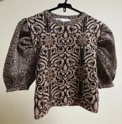 ZARA パフスリーブ ジャガード半袖ニット ラメ生地