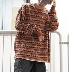 ボーダージャガードルーズシルエットロングTシャツ