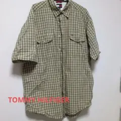 TOMMY HILFIGER 半袖シャツ L カーキベージュチェック