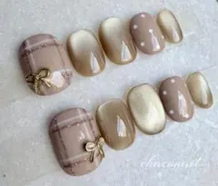 チェックリボンネイル　ドットネイル　ゴールドマグネットネイル　ネイルチップ