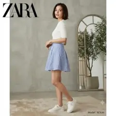 ZARA ザラ　青 白 チェック パンツ　キュロット　ポケット