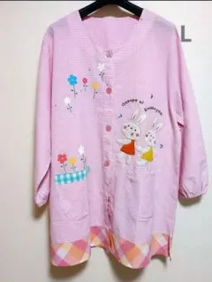 最終価格　ウサギ刺繍 ピンクチェック 割烹着