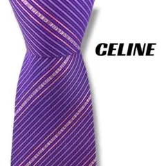 【8161】美品！セリーヌ　ネクタイ　パープル系　ストライプ×ロゴ柄