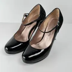 銀座かねまつ エナメル アンクルストラップ パンプス 黒 24cm