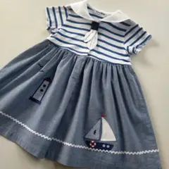 美品★90cm familiar セーラー衿ボーダー×シャンブレー半袖ワンピース