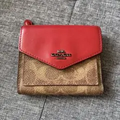 COACH 三つ折り財布 レッド/ブラウン 中古