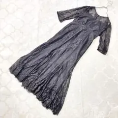 【美品】総レース ロングワンピース ドレス L サイズ　グレー 結婚式 お呼ばれ