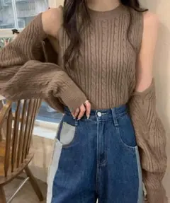 ◇おしゃれ2点セット ケーブル編み ニットアンサンブル ボレロ プチハイネック