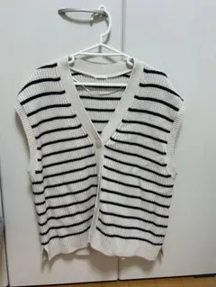 白黒ストライプ ノースリーブカーディガン L