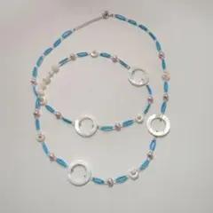 ロングネックレス　パール・天然石・シェル