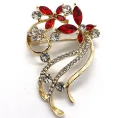花モチーフ ラインストーン ブローチ レッド ヴィンテージ風 アンティーク調