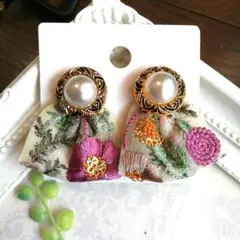 昭和レトロ パールインド刺繍リボンビアス(ハンドメイド)2ウェイ