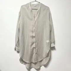 NICOLE white ノーカラー シアーシャツ グレージュ ストライプ