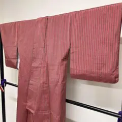 小紋　正絹　紬　縦縞　ワインレッド　着物　073tz