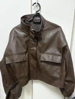 ブラウン レザー クロップドジャケット