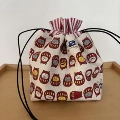 自立するマチありミニ巾着◆ねこだるま柄◆コットンこばやし◆ハンドメイド