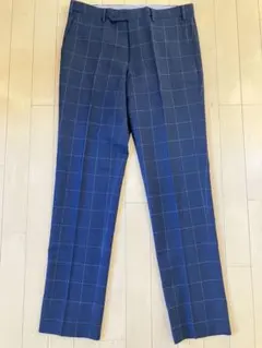 ネイビー チェック柄 スラックス　ウエスト85 ウール混