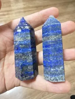 新品　高品質ラピスラズリ六角柱 天然石　2個セット　木製台座付き　送料無料
