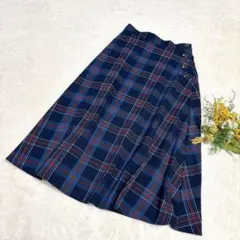 美品✨【ジーユー】チェックフレアミディスカート ウエストゴム ブルー M ●