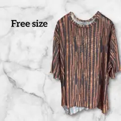 シアートップス【Free size】半袖 オレンジ 黒 ストライプ メッシュ 夏
