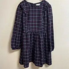 アース　チェック柄ミニ丈長袖ワンピース　ネイビー　Sサイズ