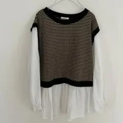 ドット柄レイヤード長袖トップス重ね着風