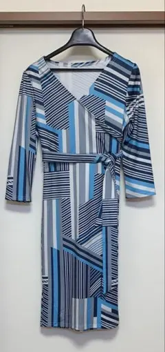 ストライプ ラップドレス ブルー系