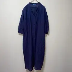 HERDMAN LINEN ネイビー　七分袖　ロングシャツワンピース　ゆったり