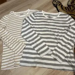 オーガニックコットンクルーネック長袖Ｔシャツ　L 美品　ベージュ　グレーボーダー