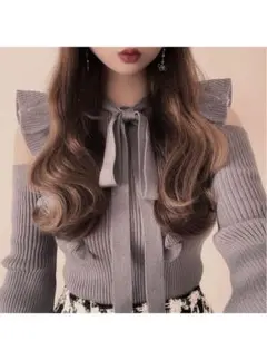 GRL ボウタイ付きショルダーオープンフリルニット
