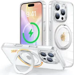 iPhone 16 Pro Max クリアケース 360度回転スタンド付き