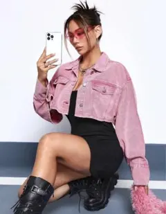 SHEIN クロップデニムジャケット ピンク Gジャン