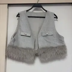 ツイード調 ファー付きベスト 3L 大きいサイズ