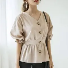 GRL Vネックウエストマークブラウス ベージュ