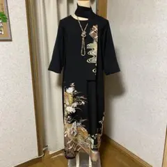《ＬＬ 124cm》 黒留袖リメイク 切替 七分袖 ワンピース 落款