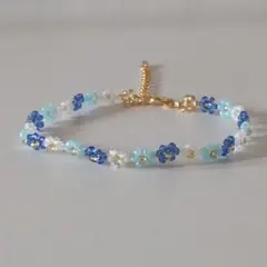 ビーズブレスレット 花 ブルー×ホワイト×ゴールド アクセサリー フラワー 青